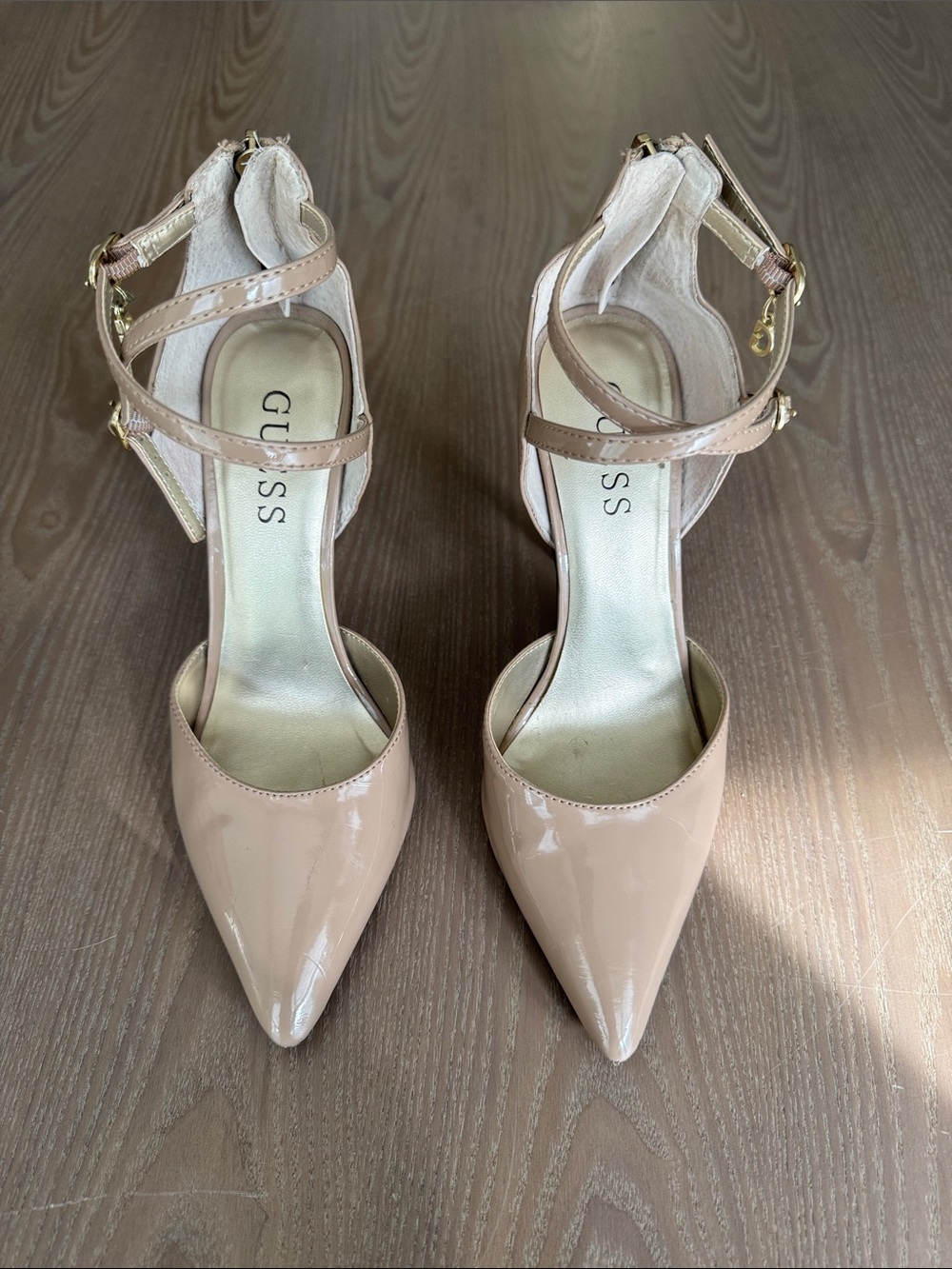 GUESS Tan Patent Pointed-Toe Ankle-Strap Heels